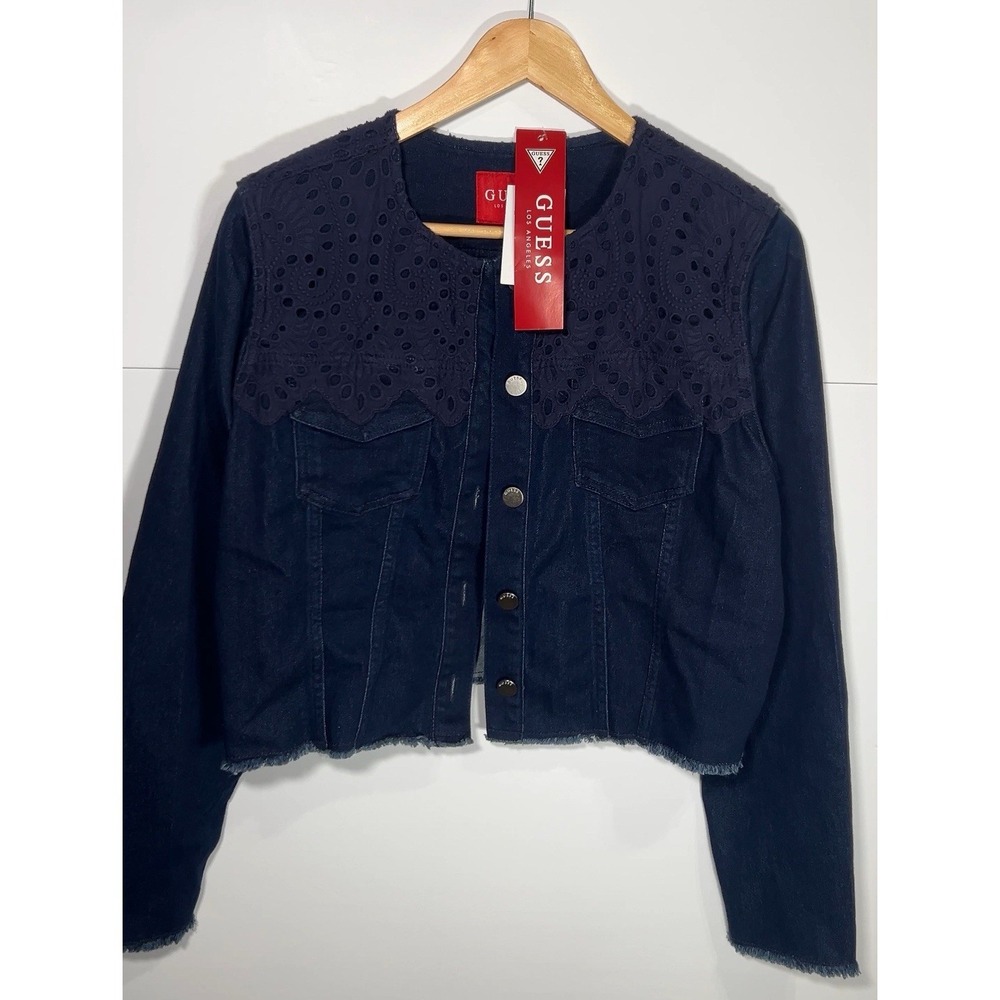 Guess Taryn Lace Denim Jacket Womens Medium Black Cropped Western Style NWT